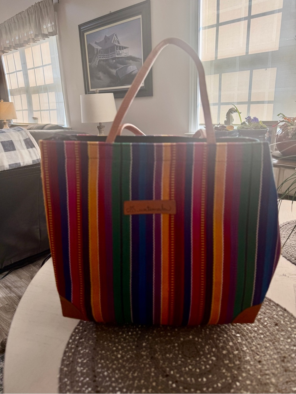 Multi-Stripe Canvas Tote with Tan Leather Handles